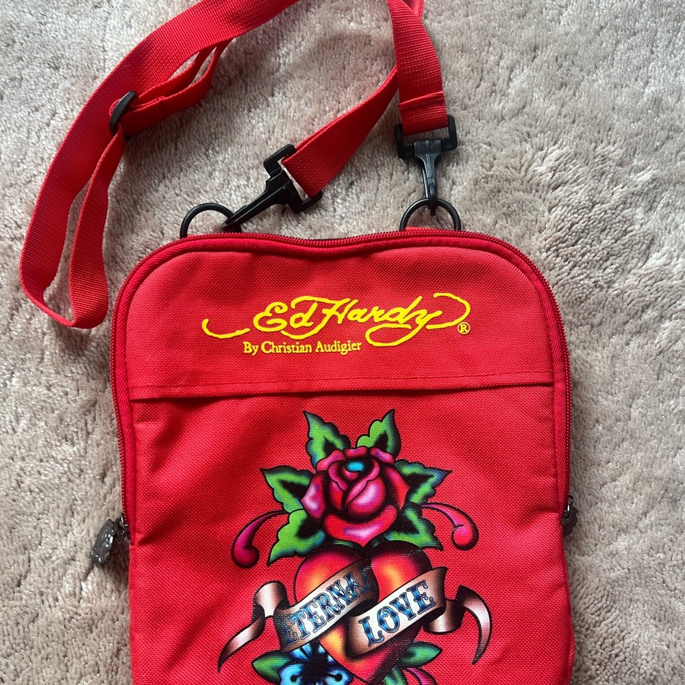 Ed Hardy Red Crossbody with Rose Tattoo Design